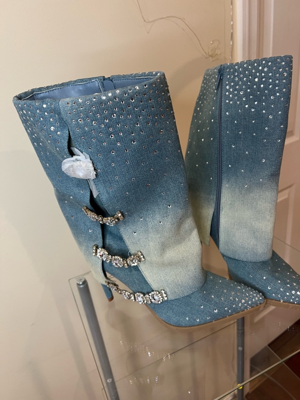 Thalia Sodi Blue Ombre Denim Mid-Calf Heeled Boots with Crystal Buckle Straps
